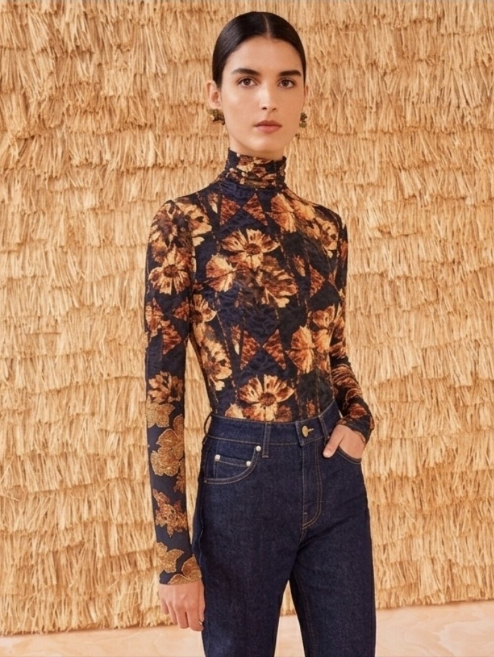 Ulla Johnson Aurelia Turtleneck Lupine Floral Mesh Top Petite